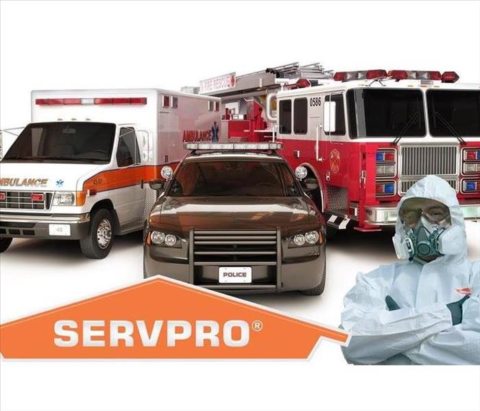 A SERVPRO graphic with first responder vehicles and a SERVPRO technician.