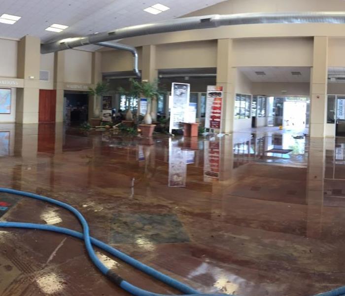 A flooded office building with water all over the floors.